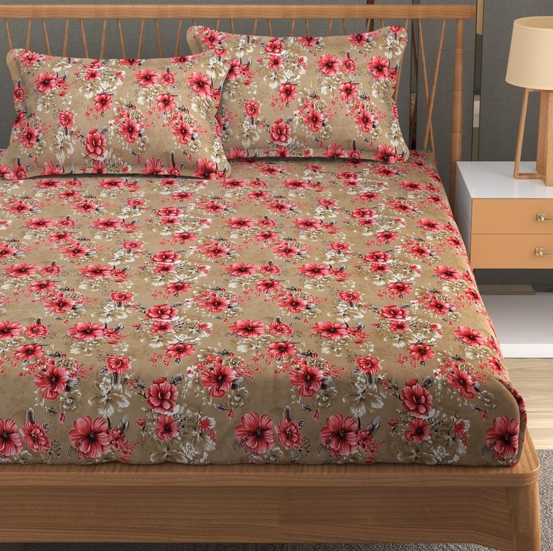 Furnofy Premium Floral Printed Double Bedsheet Set – Brown & Pink (90x100 Inches) with 2 Pillow Covers – Flat - Image 5