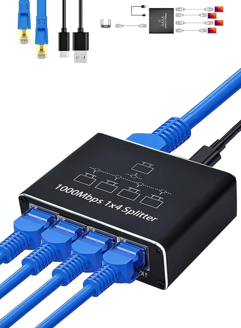 general Gigabit Ethernet Splitter 1 to 4, 1000Mbps High Speed Ethernet Cable Splitter with LAN Cable Cat 6 [4 Devices Simultaneous Networking], Gigabit RJ45 LAN Network Extension for Cat8/7/6/5e/5 Cable - Image 1