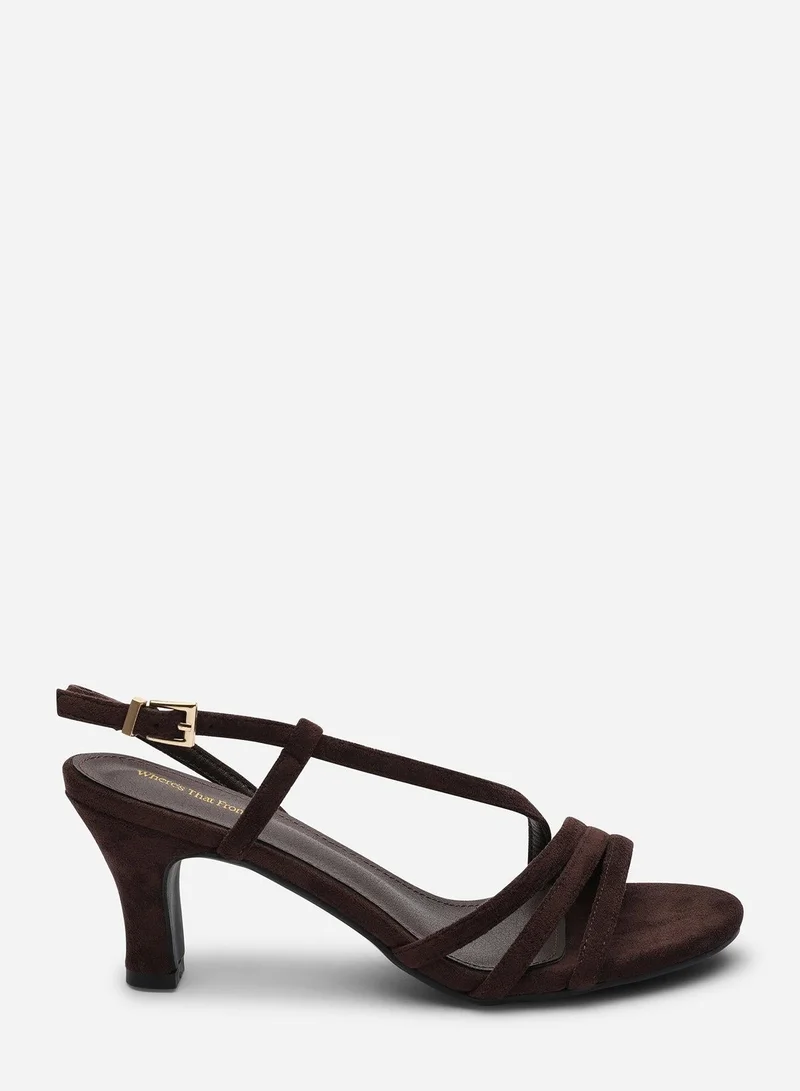 Where's That From Mykonos Multi Strap Slingback Dark Brown Suede Low Block Heel