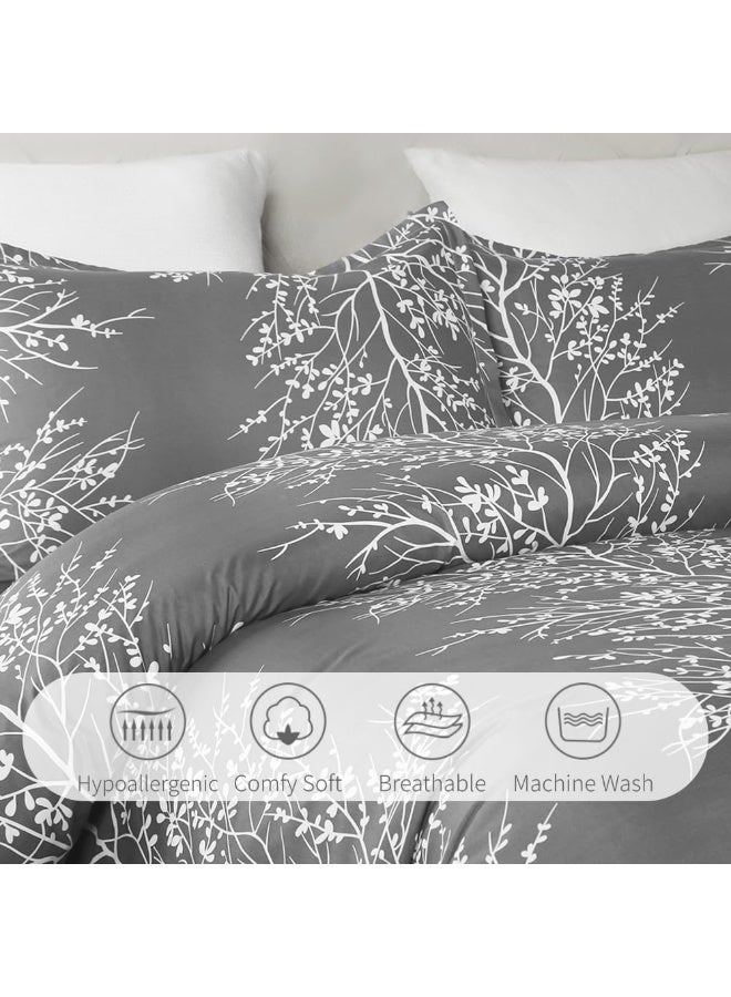 Vaulia Lightweight Cooling Microfiber Duvet Cover Set, Grey and White Floral Branches Printed Pattern All Season - Queen Size, 3-Piece Set (1 Duvet Cover 2 Pillow Shams) - Image 2