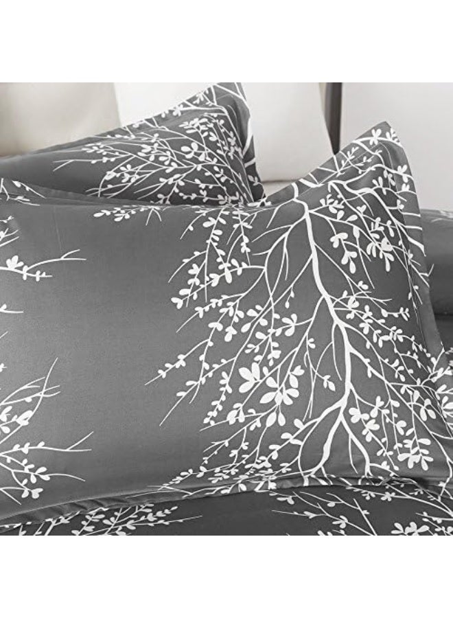 Vaulia Lightweight Cooling Microfiber Duvet Cover Set, Grey and White Floral Branches Printed Pattern All Season - Queen Size, 3-Piece Set (1 Duvet Cover 2 Pillow Shams) - Image 4