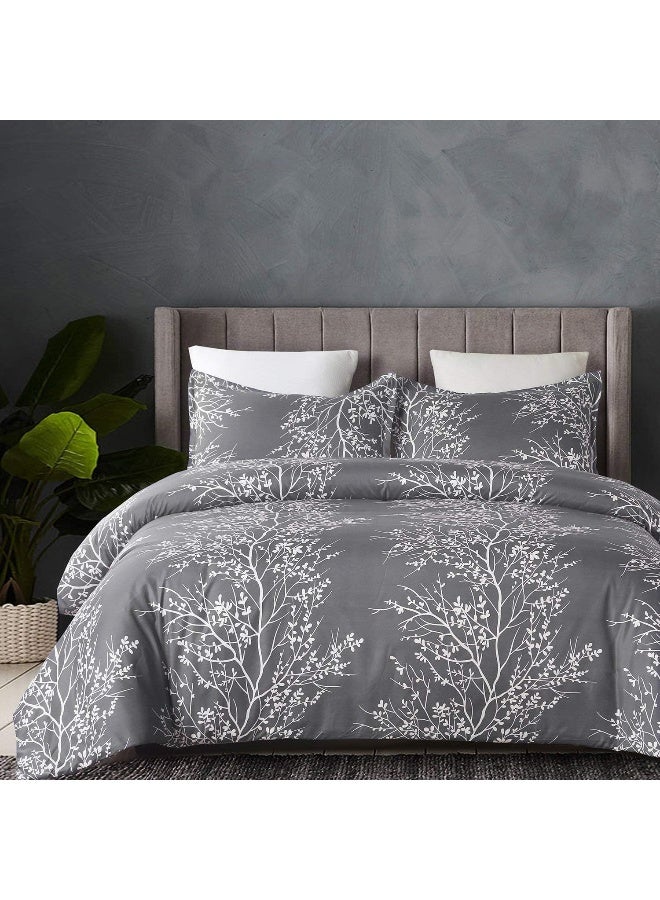 Vaulia Lightweight Cooling Microfiber Duvet Cover Set, Grey and White Floral Branches Printed Pattern All Season - Queen Size, 3-Piece Set (1 Duvet Cover 2 Pillow Shams) - Image 1