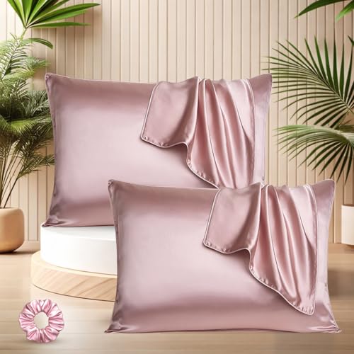 SITTELLA® 72x46 cm Set of 2 Satin Silk Pillow Covers | 600 TC Soft Pillowcase for Hair & Skin | Envelope Closure | Rose |1 Free Scrunchie Included - Image 1