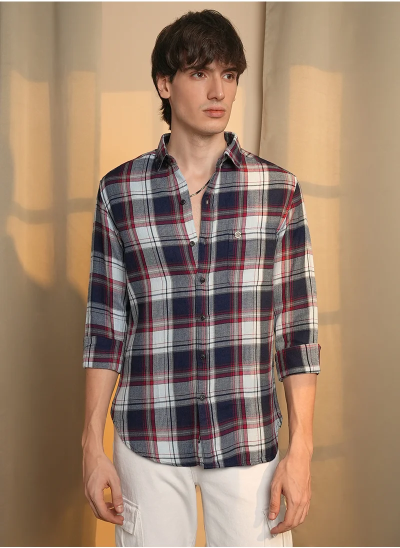 Campus Sutra Campus Sutra Men's Navy Blue & Cadmium Red Tartan Plaid Shirt For Casual Wear | Spread Collar | Long Sleeve | Button Closure | Shirt Crafted With Comfort Fit For Everyday Wear