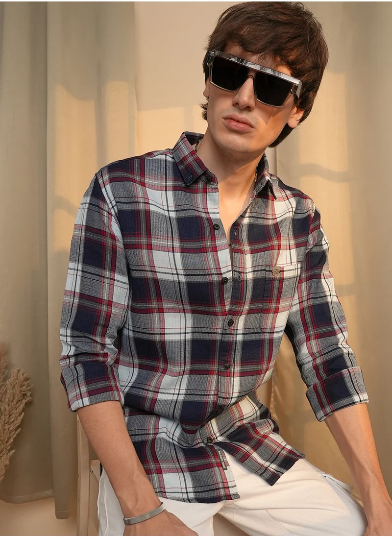 Campus Sutra Campus Sutra Men's Navy Blue & Cadmium Red Tartan Plaid Shirt For Casual Wear | Spread Collar | Long Sleeve | Button Closure | Shirt Crafted With Comfort Fit For Everyday Wear