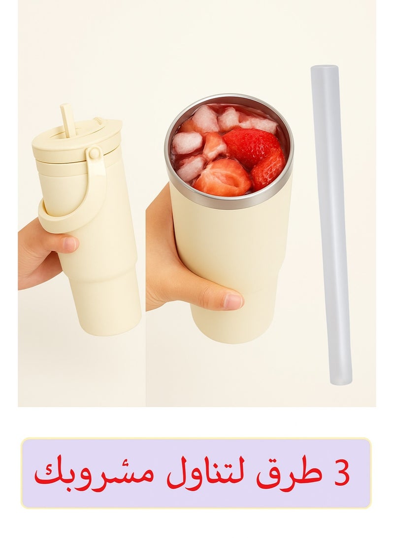 مج معزول مزدوج الطبقات بسعة ٩٠٠ مل مع مقبض، كوب ماء محمول من الفولاذ المقاوم للصدأ، معزول حراريًا- مناسب لأي مكان - Image 2