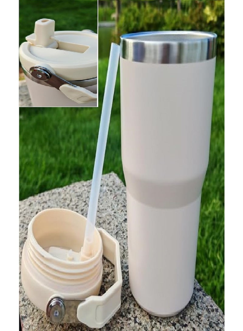 مج معزول مزدوج الطبقات بسعة ٩٠٠ مل مع مقبض، كوب ماء محمول من الفولاذ المقاوم للصدأ، معزول حراريًا- مناسب لأي مكان - Image 3