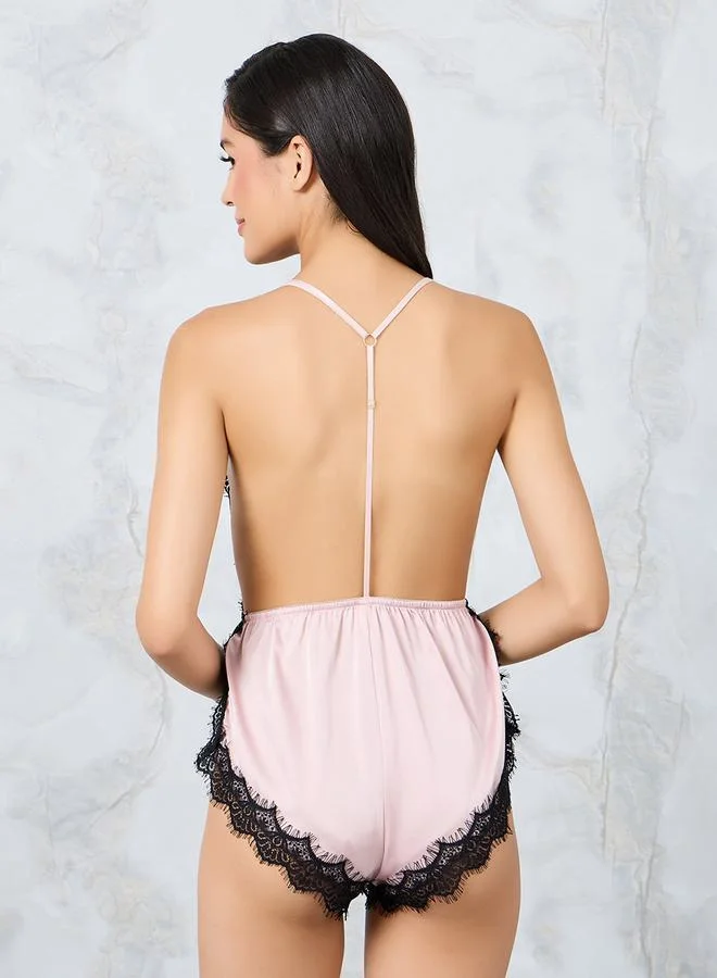 Styli Contrast Eyelash Lace Side Slit Solid Teddy