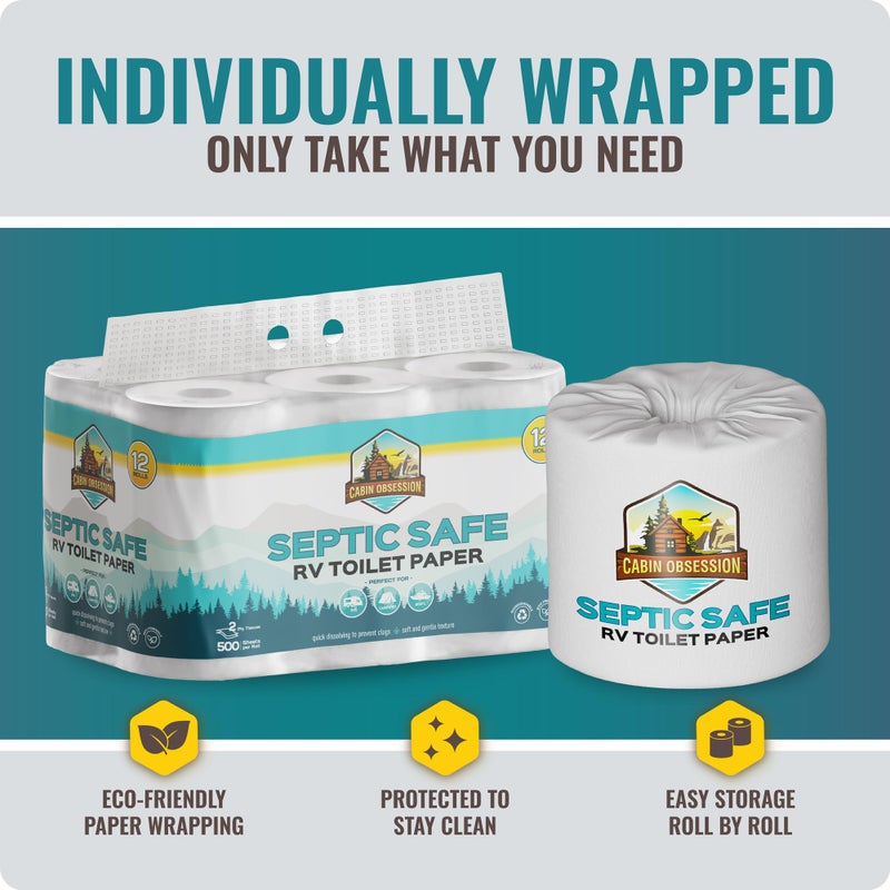 Cabin Obsession RV Toilet Paper - 12 Pack Septic Safe Toilet Paper 2-Ply Quick Dissolving Camper Tissue Paper Septic Safe to Prevent Clogs - Perfect for Automotive RVs, Septic Tank Systems, Boats, and Camping - Image 4