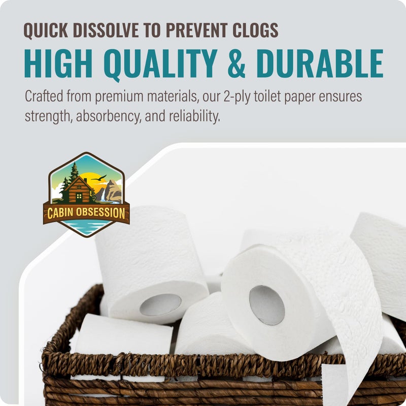 Cabin Obsession RV Toilet Paper - 12 Pack Septic Safe Toilet Paper 2-Ply Quick Dissolving Camper Tissue Paper Septic Safe to Prevent Clogs - Perfect for Automotive RVs, Septic Tank Systems, Boats, and Camping - Image 3