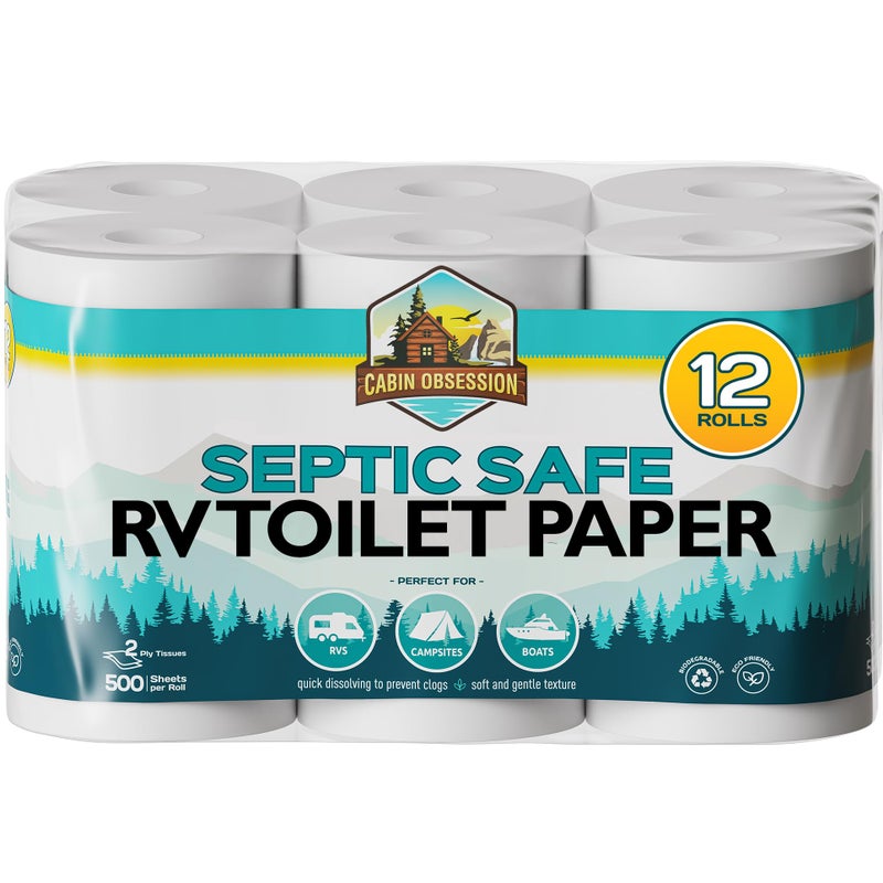 Cabin Obsession RV Toilet Paper - 12 Pack Septic Safe Toilet Paper 2-Ply Quick Dissolving Camper Tissue Paper Septic Safe to Prevent Clogs - Perfect for Automotive RVs, Septic Tank Systems, Boats, and Camping - Image 1