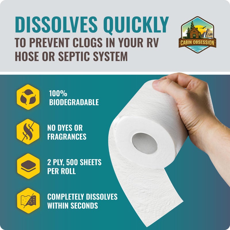Cabin Obsession RV Toilet Paper - 12 Pack Septic Safe Toilet Paper 2-Ply Quick Dissolving Camper Tissue Paper Septic Safe to Prevent Clogs - Perfect for Automotive RVs, Septic Tank Systems, Boats, and Camping - Image 2