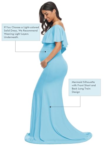 Glampunch Womens Off Shoulder Maternity Dress Ruffles Elegant Slim Gowns Fit Maxi Photography Dress Sky Blue - Image 5