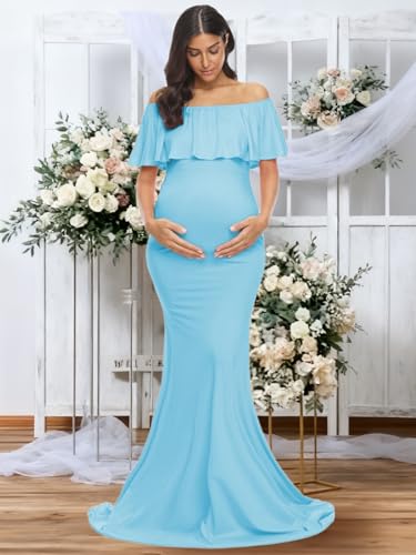 Glampunch Womens Off Shoulder Maternity Dress Ruffles Elegant Slim Gowns Fit Maxi Photography Dress Sky Blue - Image 2