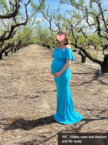 Glampunch Womens Off Shoulder Maternity Dress Ruffles Elegant Slim Gowns Fit Maxi Photography Dress Sky Blue - Image 4