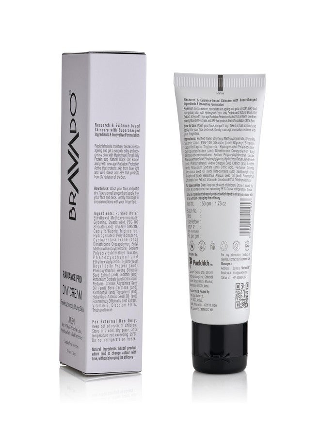 برافادو كريم براڤادو راديانس برو النهاري للرجال مع عامل حماية من الشمس | حماية من التلوث والضوء الأزرق | كريم جل مرطب لبشرة ناعمة، مشدودة، ومشرقة مع بروتين غذاء ملكات النحل، الشوفان الأسود، والليسيثين | 50 غرام - Image 2