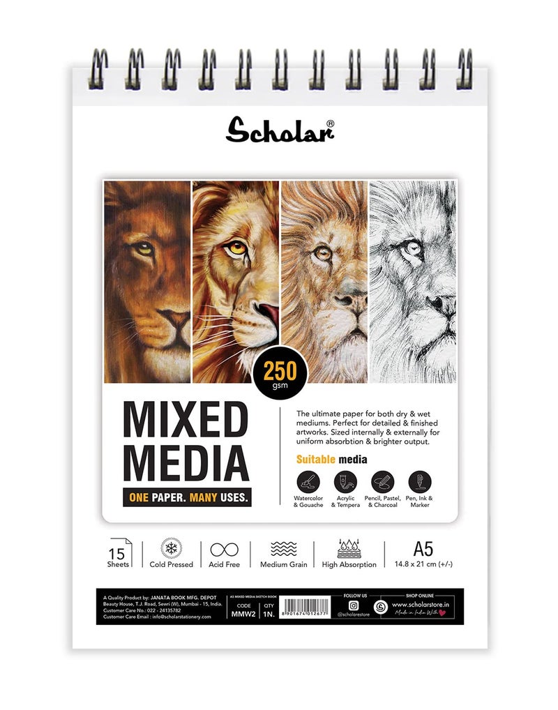 Scholar Mixed Media Pad (250 GSM Cold Pressed Medium Grain) (Wiro) (A5) (MMW2) - Image 1