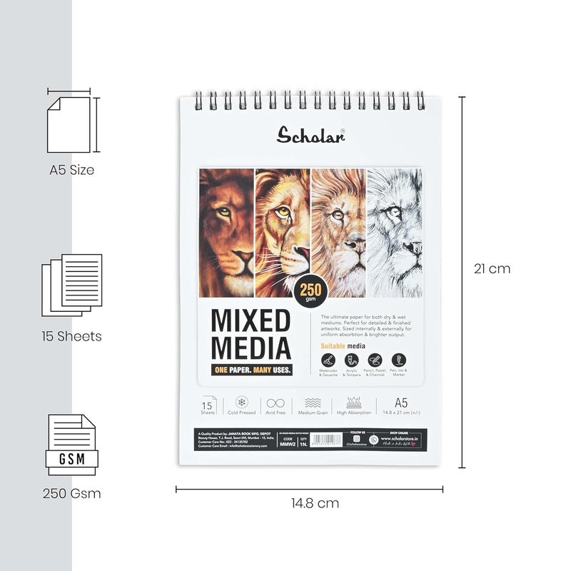 Scholar Mixed Media Pad (250 GSM Cold Pressed Medium Grain) (Wiro) (A5) (MMW2) - Image 2