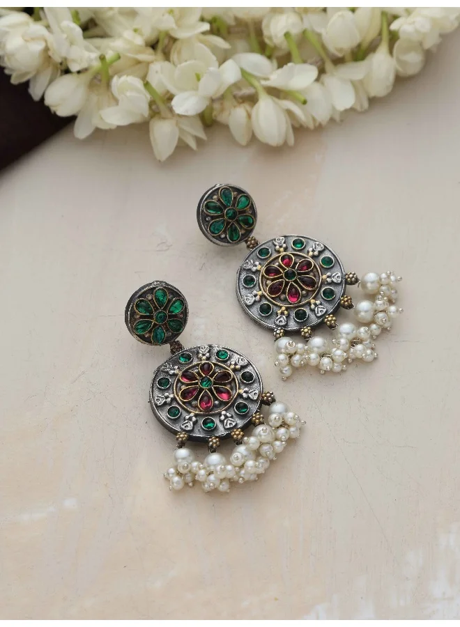 trueBrowns Silver Gold Tone Circular Stone Earrings