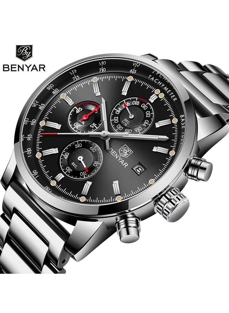BENYAR - Mens Watches Multifunction Chronograph Date Quartz Watch for Men Stainless Steel Band Wrist Watch Gift for Men Casual Business - Image 1