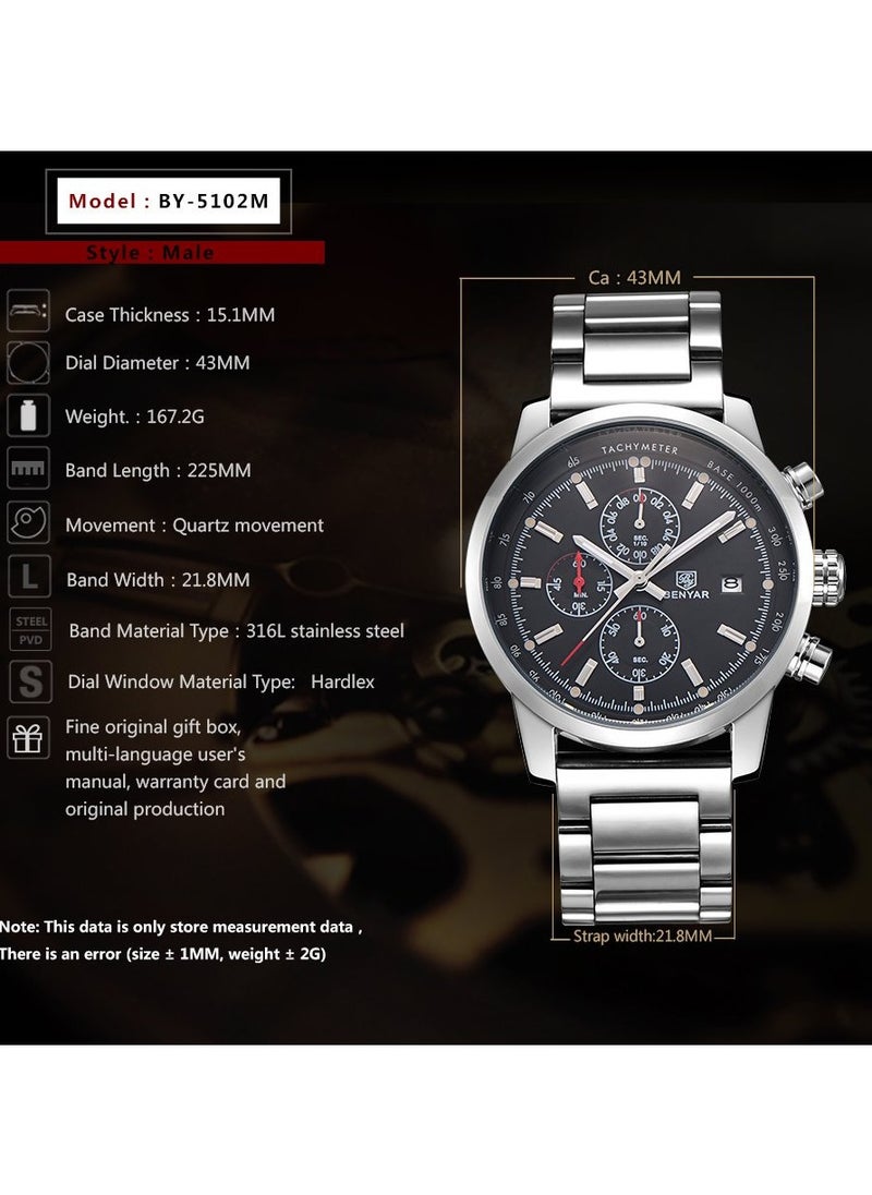 BENYAR - Mens Watches Multifunction Chronograph Date Quartz Watch for Men Stainless Steel Band Wrist Watch Gift for Men Casual Business - Image 1