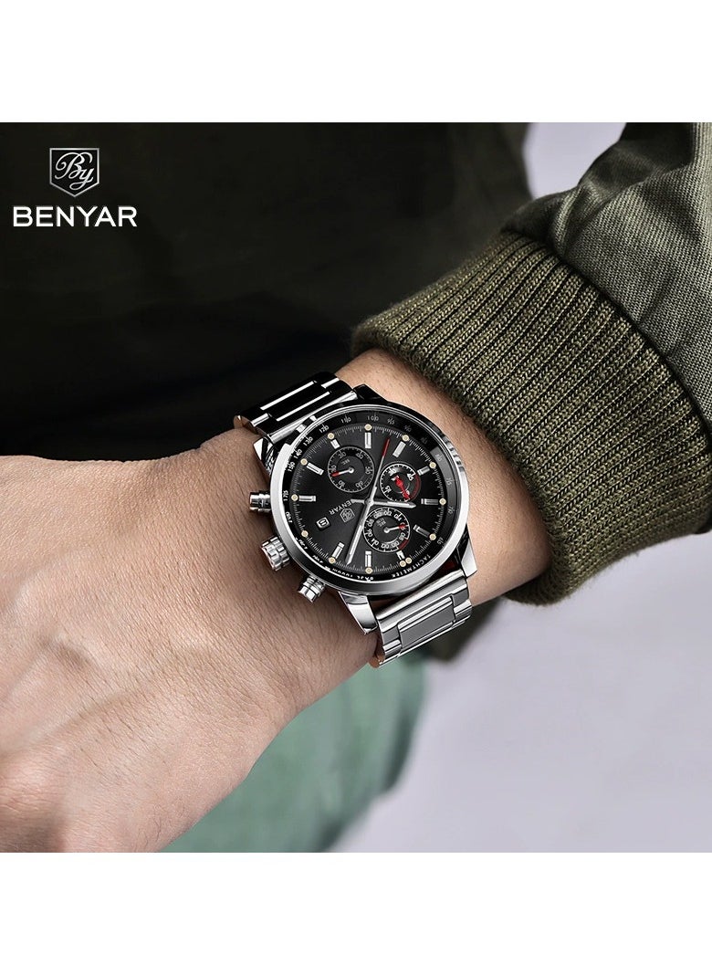 BENYAR - Mens Watches Multifunction Chronograph Date Quartz Watch for Men Stainless Steel Band Wrist Watch Gift for Men Casual Business - Image 1