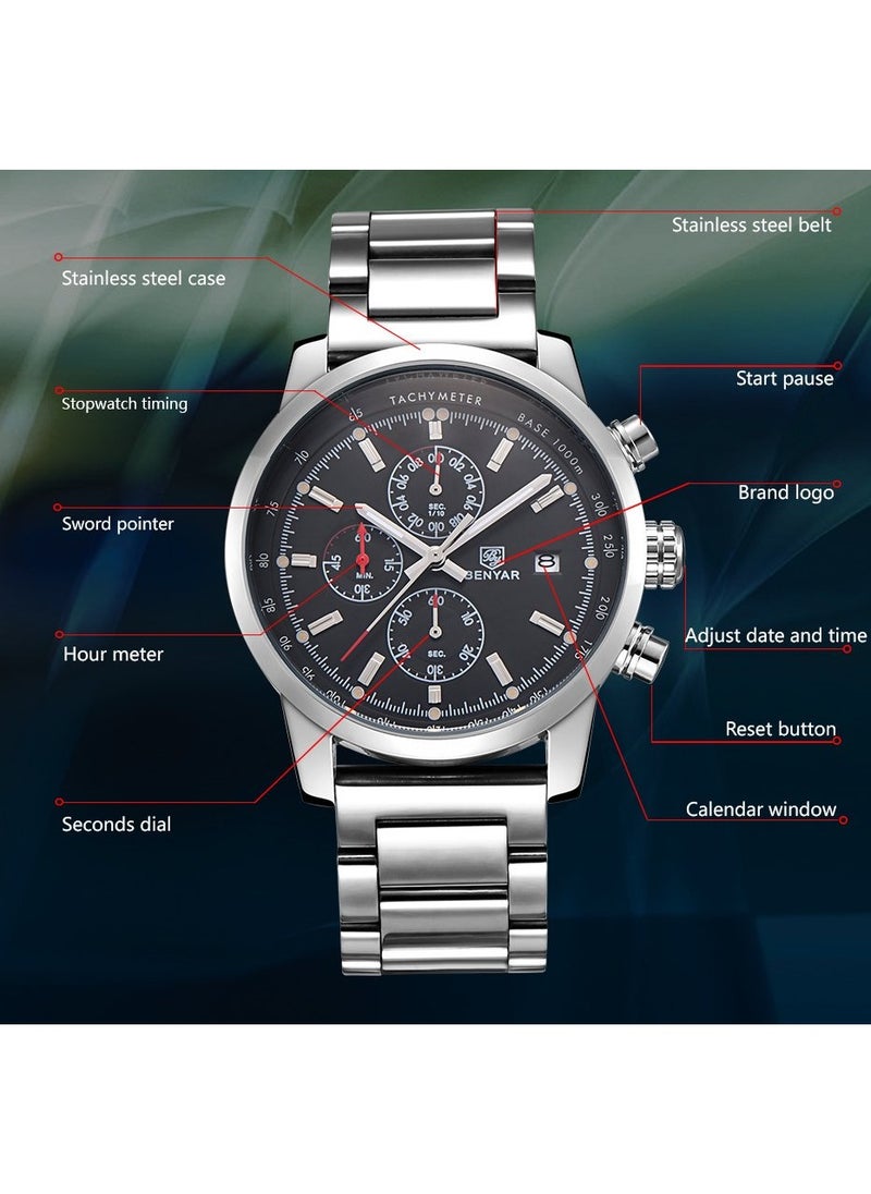 BENYAR - Mens Watches Multifunction Chronograph Date Quartz Watch for Men Stainless Steel Band Wrist Watch Gift for Men Casual Business - Image 1
