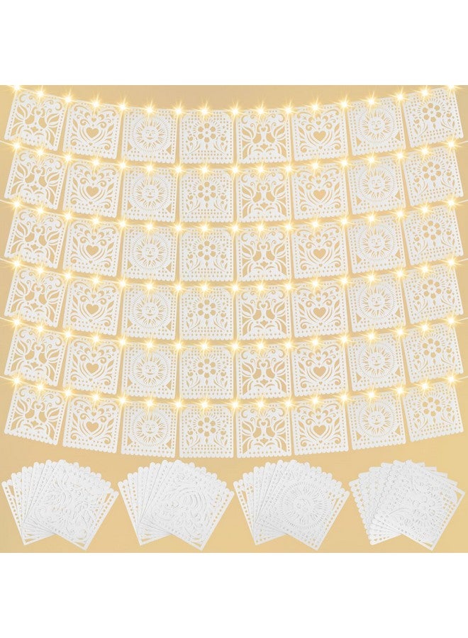 SmoothNovelty 6 Pack White Papel Picado Banner With Led Fairy String Light 12 Flags Per Banner Felt White Mexican Banners For Weddings Birthdays Papel Picado White Mexican Themed Party Decor - Image 1