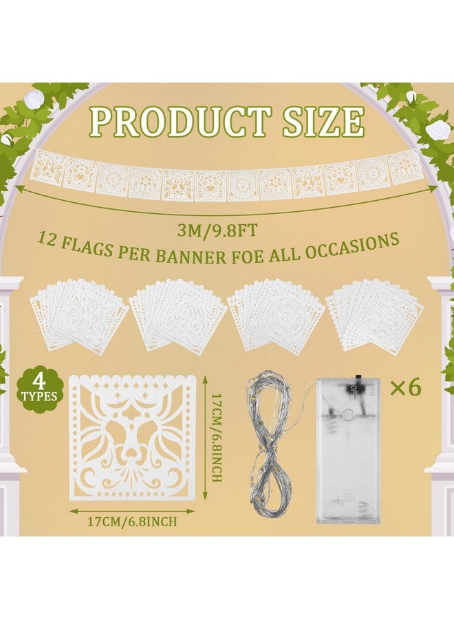 SmoothNovelty 6 Pack White Papel Picado Banner With Led Fairy String Light 12 Flags Per Banner Felt White Mexican Banners For Weddings Birthdays Papel Picado White Mexican Themed Party Decor - Image 2