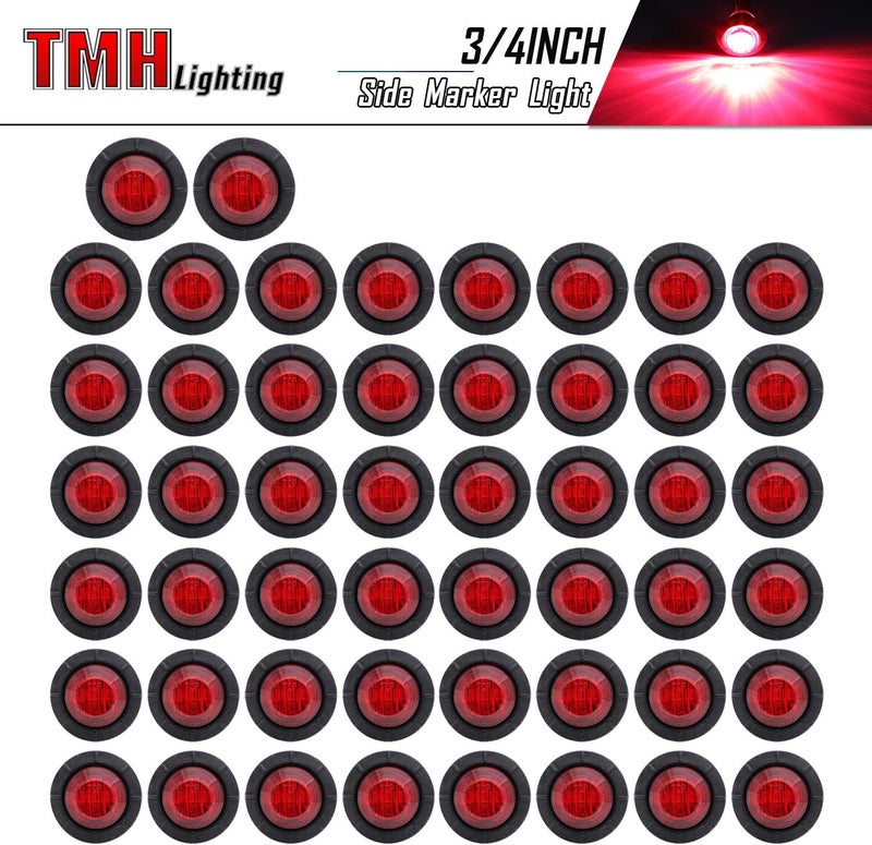 50 Pcs 3/4 Inch Red Clearance Side Marker Indicator Lights Mini Round Front Rear 3 LED with Rubber for Trailer Truck Bus Car Pickup 12V DC