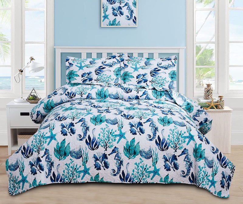 Coastal Home Collection Twin Size Reversible Bedspread Set with Quilts Shams  Soft Lightweight Tropical Ocean Pattern