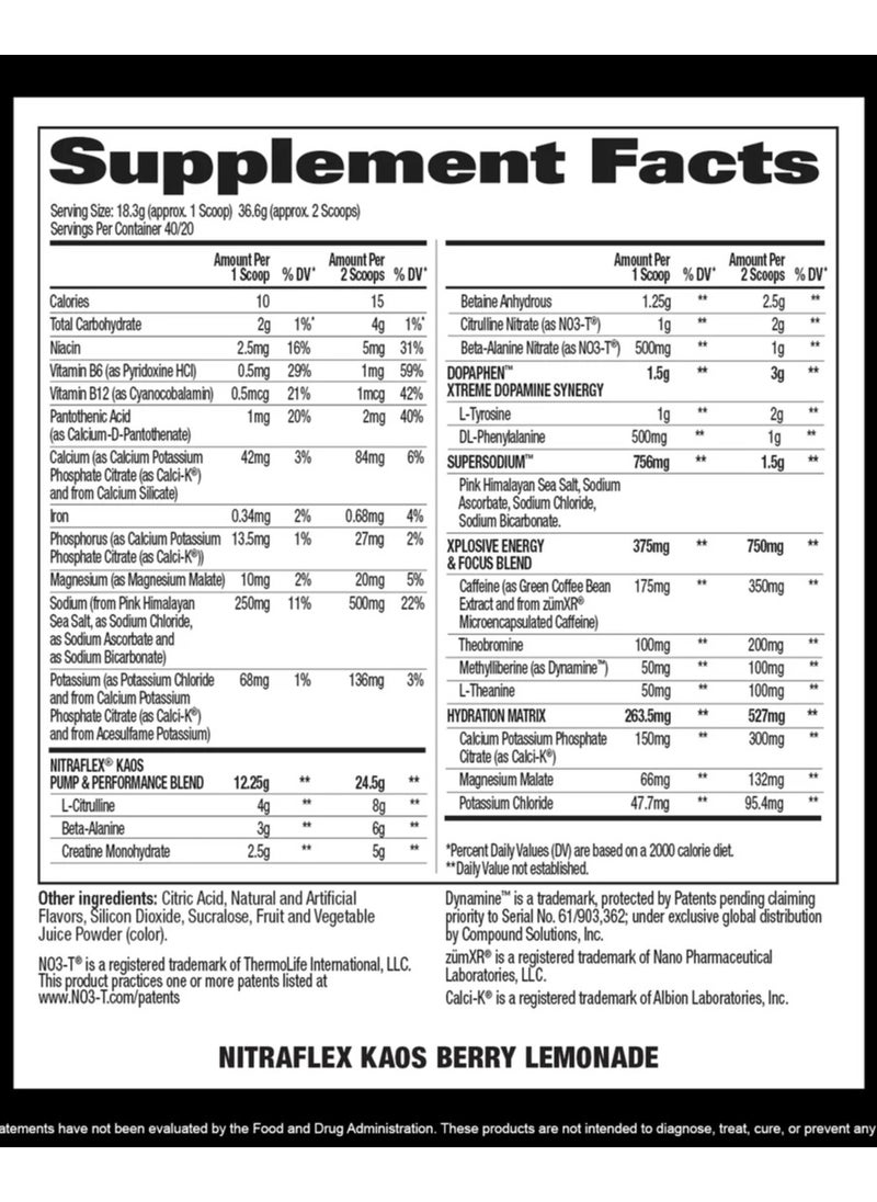 GAT SPORT - Gat Sport, Nitraflex, Kaos, 650mg Stims, Pre Workout King, 738g, Berry Lemonade, 40 Servings - Image 1
