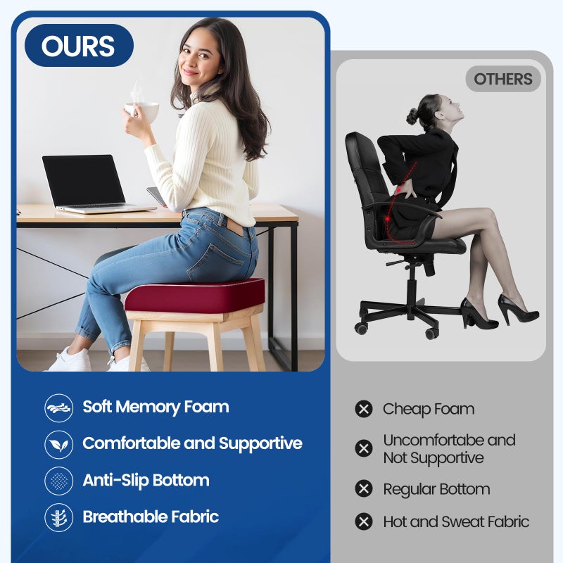 SweetSlubr Seat Cushion for Tailbone Pain Relief, Office Chair Cushion, Memory Foam Large Chair Cushion with Non-Slip Cover for Soft Support at Office Chair, Car Seat, Airplane Red/Large - Image 5