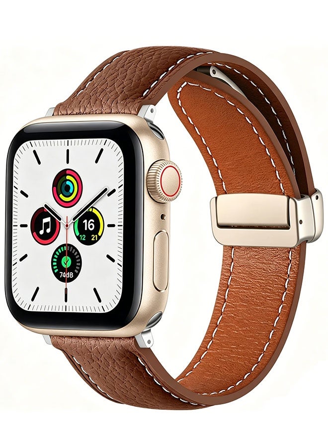 Happy D Magnetic leather strap for Apple Watch Ultra, 49mm 45mm 44mm 42mm, magnetic buckle replacement genuine leather strap, compatible with Apple Watch series, upgraded brown - Image 1