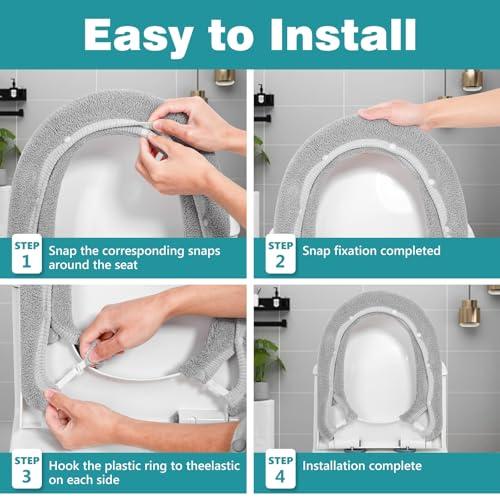 AZHCHKE Toilet Seat Cover with Snaps Fixed, Thicker Soft Toilet Seat Warmer Cover for Bathroom, Washable Stretchable Toilet Seat Covers, Fits Most Round, Oval and Elongated Toilet Seat, Light Gray - Image 5