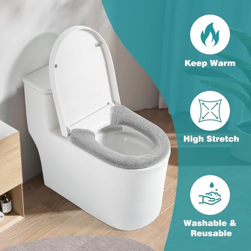 AZHCHKE Toilet Seat Cover with Snaps Fixed, Thicker Soft Toilet Seat Warmer Cover for Bathroom, Washable Stretchable Toilet Seat Covers, Fits Most Round, Oval and Elongated Toilet Seat, Light Gray - Image 2