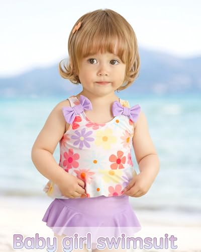 Mioglrie Toddler Swimsuit Girl 12-18 Months Toddler Bathing Suit Two Piece Purple Floral Tankini Baby Girl's Swimwear Summer Beach Bikini Hat Outfits Set - Image 2