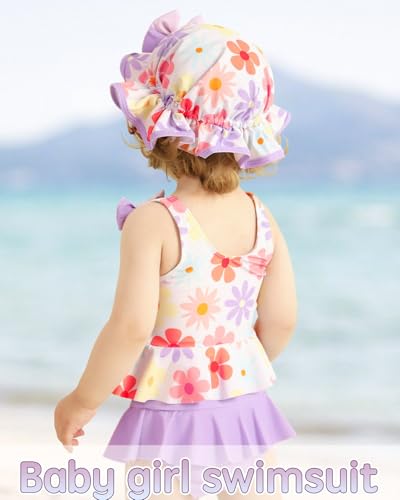 Mioglrie Toddler Swimsuit Girl 12-18 Months Toddler Bathing Suit Two Piece Purple Floral Tankini Baby Girl's Swimwear Summer Beach Bikini Hat Outfits Set - Image 3