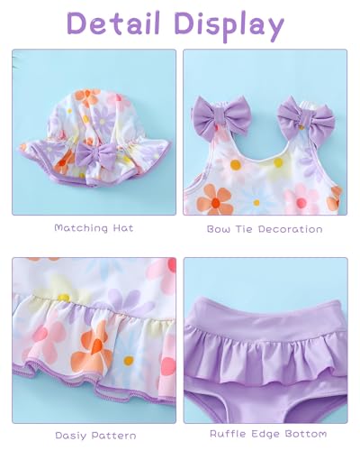 Mioglrie Toddler Swimsuit Girl 12-18 Months Toddler Bathing Suit Two Piece Purple Floral Tankini Baby Girl's Swimwear Summer Beach Bikini Hat Outfits Set - Image 4