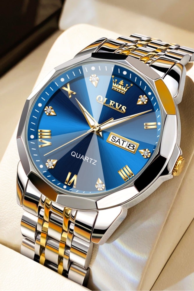 OLEVS Business Quartz Watch for Men Dual Calendar Luxury Diamond Dial Waterproof Stainless Steel Strap Men Wristwatch - Image 1