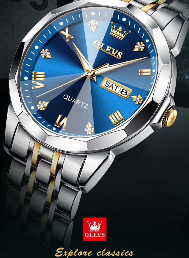 OLEVS Business Quartz Watch for Men Dual Calendar Luxury Diamond Dial Waterproof Stainless Steel Strap Men Wristwatch - Image 5