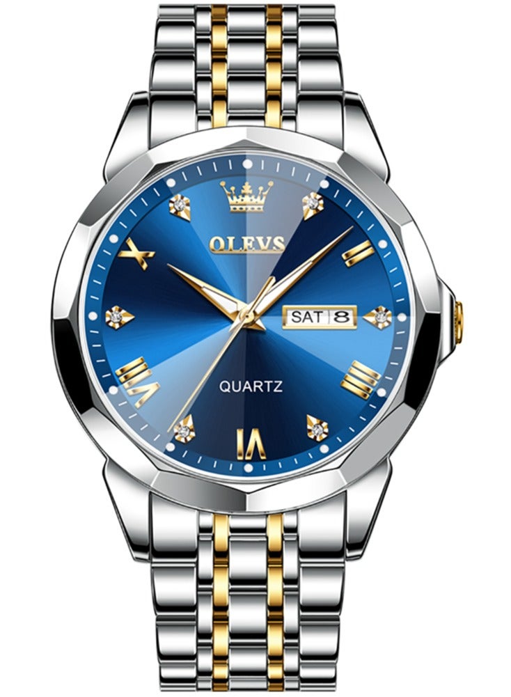 OLEVS Business Quartz Watch for Men Dual Calendar Luxury Diamond Dial Waterproof Stainless Steel Strap Men Wristwatch - Image 2