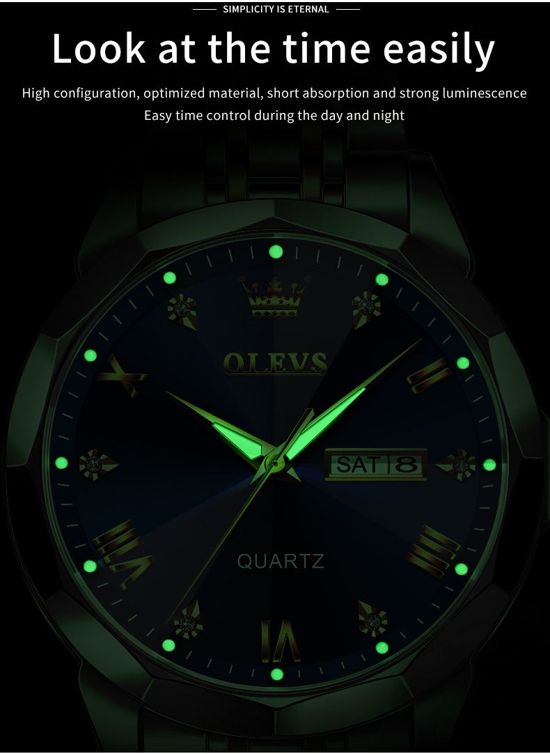 OLEVS 9931 New Business Quartz Watch for Men Dual Calendar Luxury Diamond Dial Waterproof Stainless Steel Strap Men Wristwatch