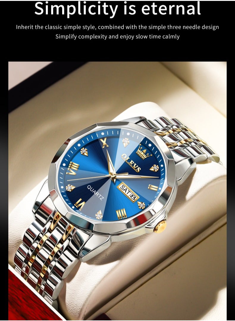 OLEVS 9931 New Business Quartz Watch for Men Dual Calendar Luxury Diamond Dial Waterproof Stainless Steel Strap Men Wristwatch