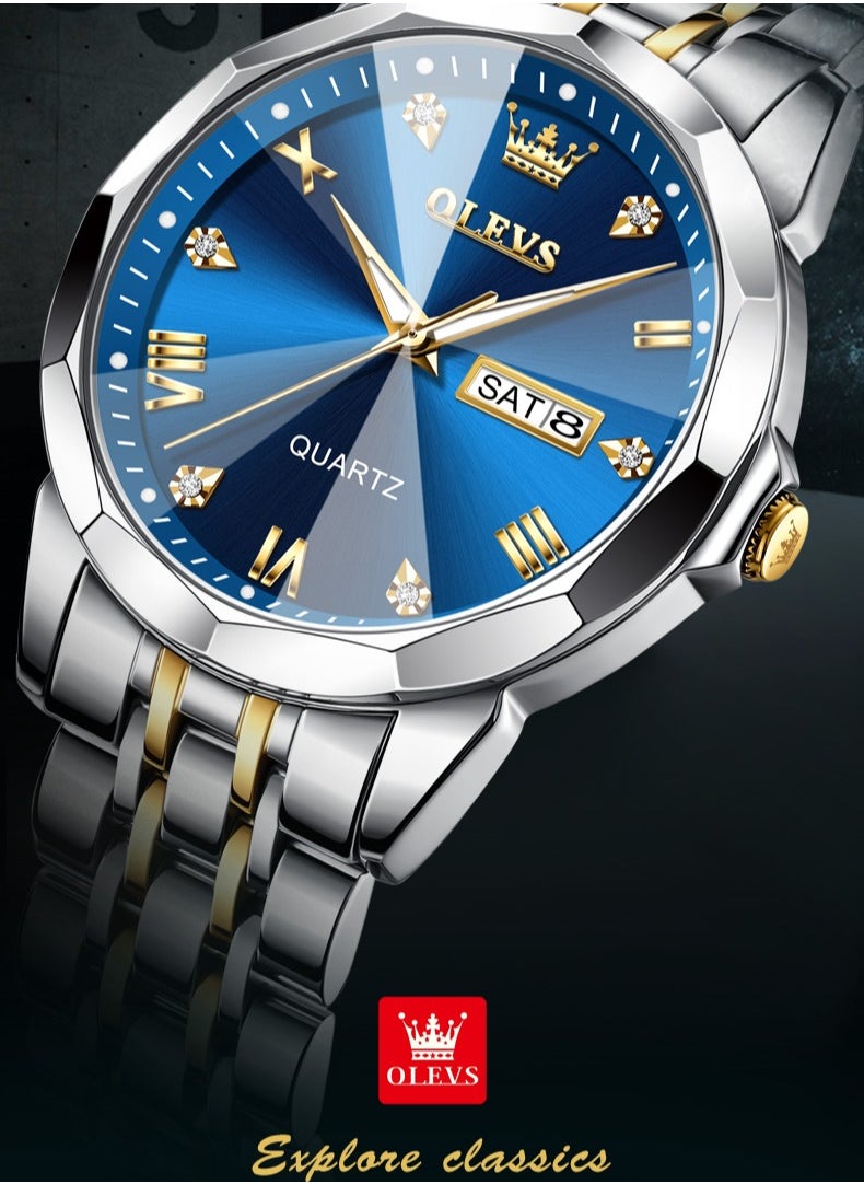 OLEVS 9931 New Business Quartz Watch for Men Dual Calendar Luxury Diamond Dial Waterproof Stainless Steel Strap Men Wristwatch