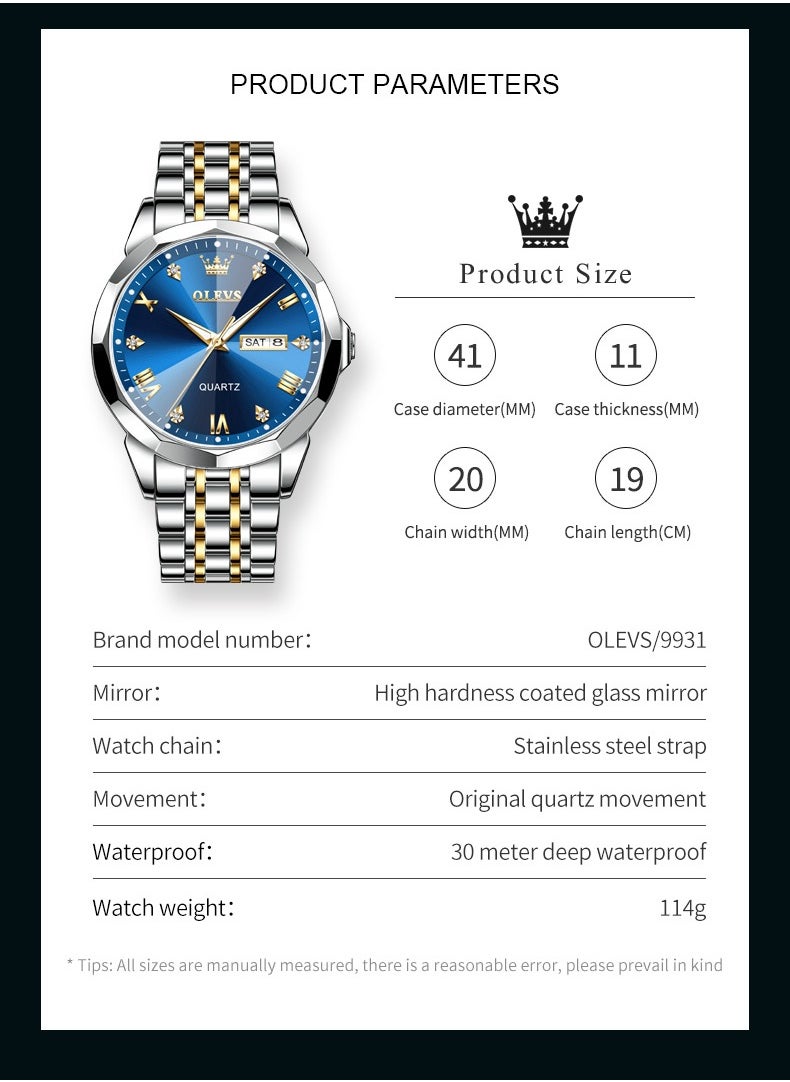 OLEVS 9931 New Business Quartz Watch for Men Dual Calendar Luxury Diamond Dial Waterproof Stainless Steel Strap Men Wristwatch