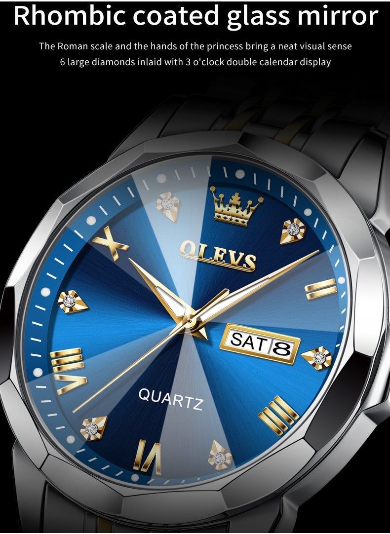 OLEVS 9931 New Business Quartz Watch for Men Dual Calendar Luxury Diamond Dial Waterproof Stainless Steel Strap Men Wristwatch