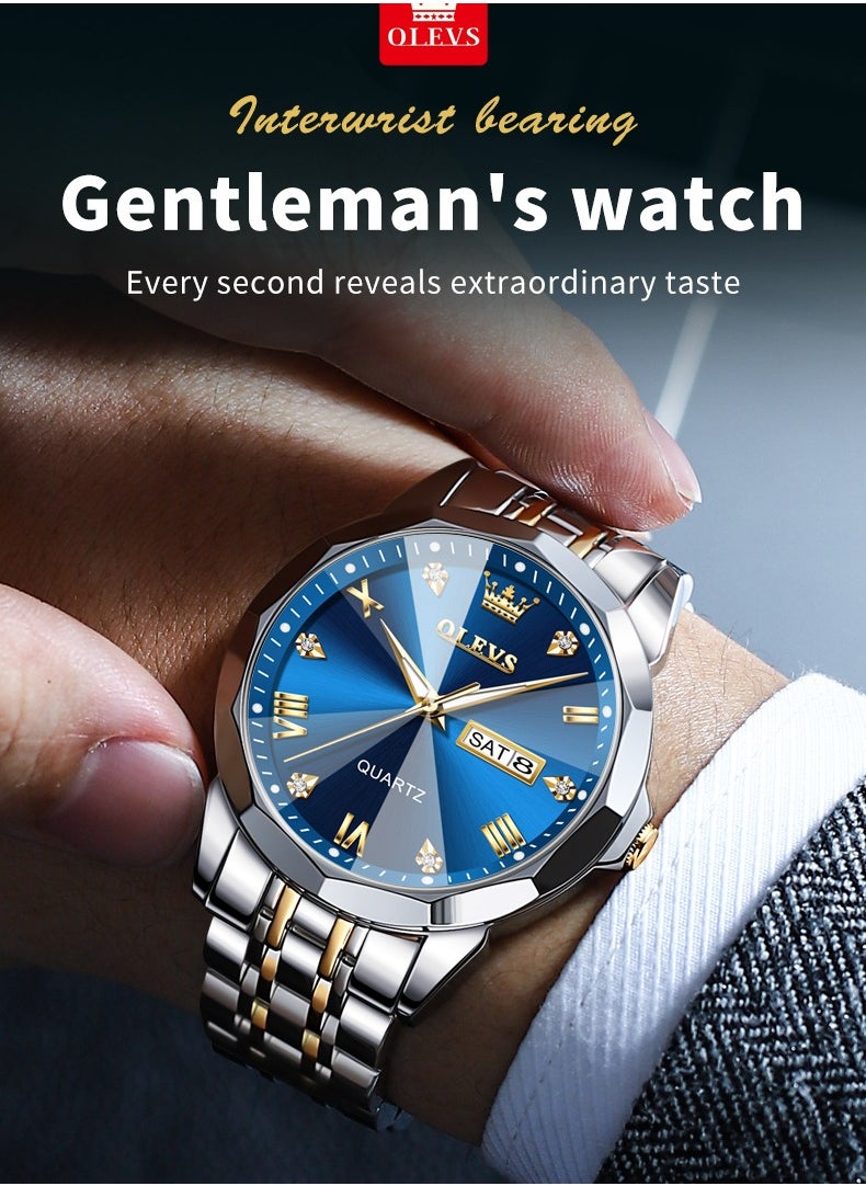 OLEVS 9931 New Business Quartz Watch for Men Dual Calendar Luxury Diamond Dial Waterproof Stainless Steel Strap Men Wristwatch