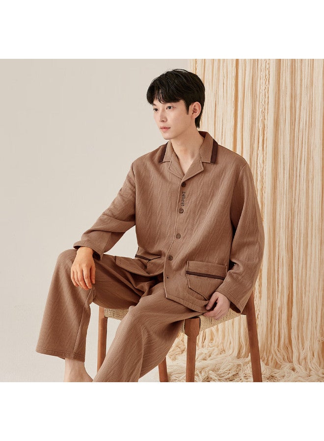 Dingguagua Dingguagua Men's Autumn Winter Cotton-padded Air Layer Open-front Wearable Pajama Set Tea Brown 180