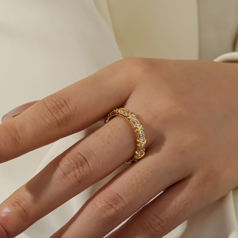 Qitian Gold CZ Wedding Band Rings for Women, Cubic Zirconia Stackable Ring Set, Simulated Diamond 14K Two-Tone Engagement Ring, Thin Stacking Band, Gift for Her - Size 7 - Image 3